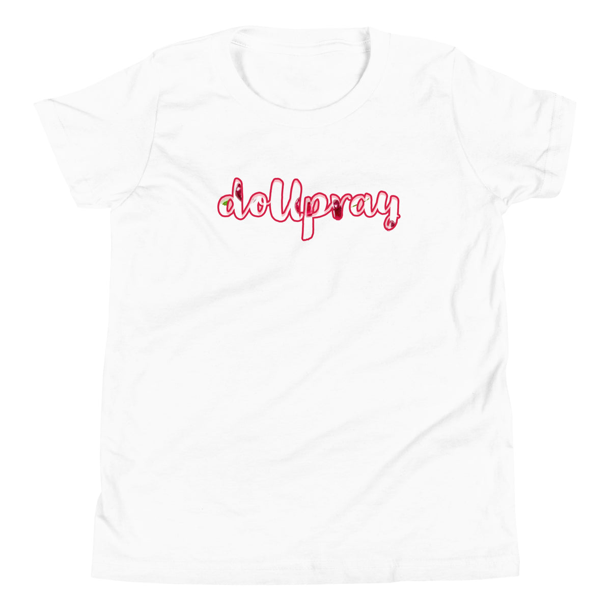 doUpray Cherry Youth Short Sleeve T-Shirt – Vibrant cherry-red faith-based tee featuring the "Do U Pray" message, perfect for young believers.