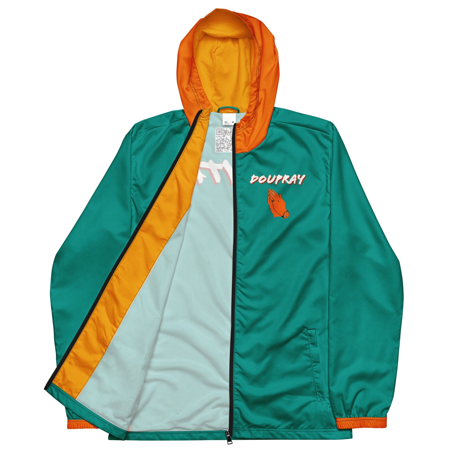 Man wearing Do U Pray windbreaker jacket with hood and printed faith message on chest or back