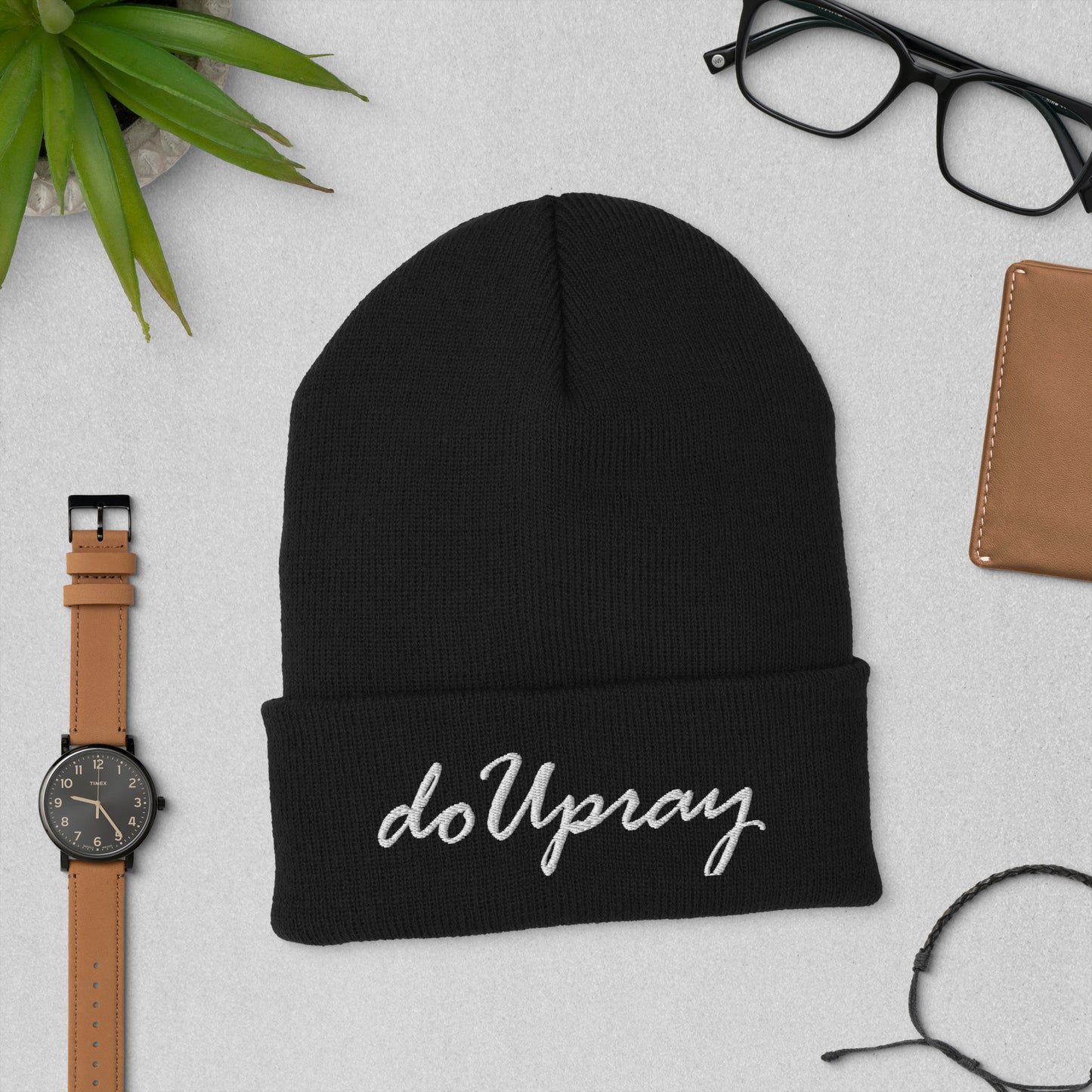 Do U Pray Cuffed Beanie – Soft, stretchable beanie with embroidered "Do U Pray" logo, part of the Believe Church Collection.