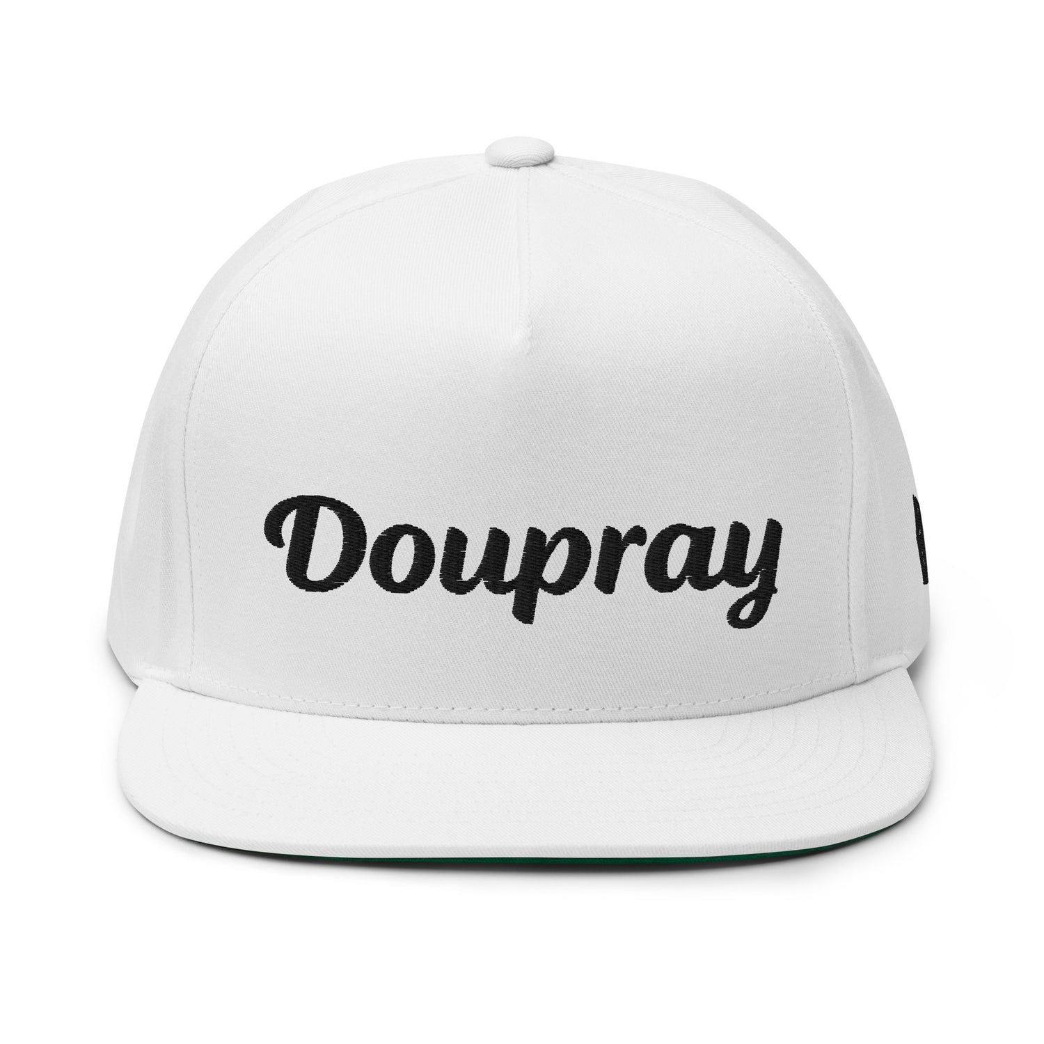 DoUPray Flat Bill Cap – High-profile five-panel cotton twill hat with green undervisor and snapback closure.