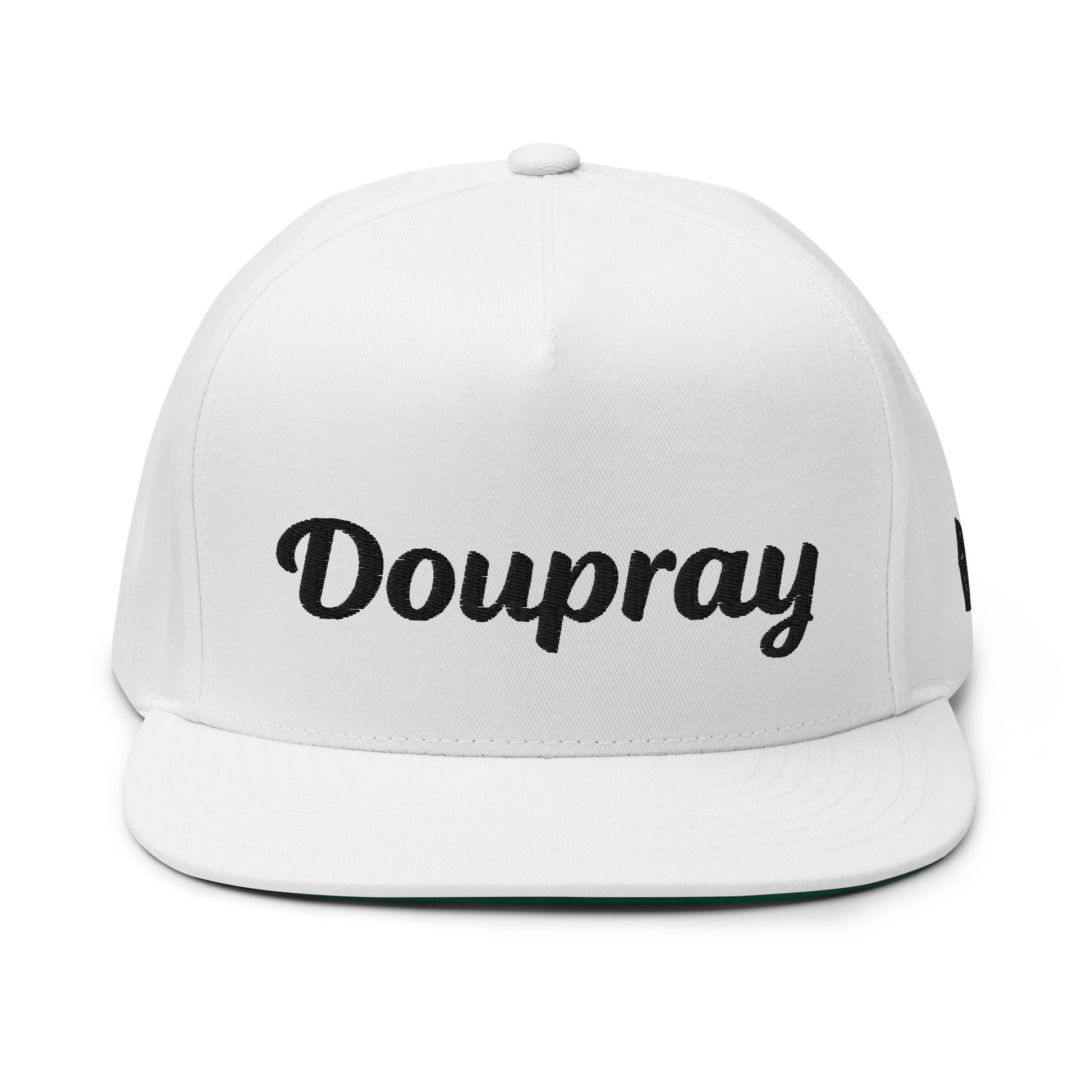 DoUPray Flat Bill Cap – High-profile five-panel cotton twill hat with green undervisor and snapback closure.