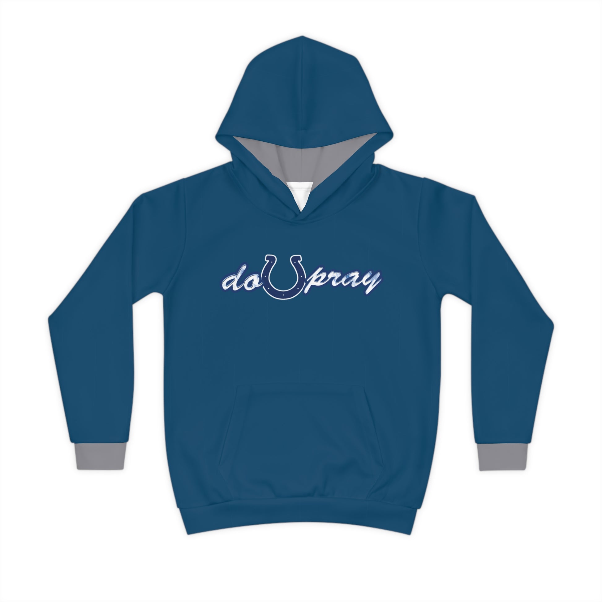 DoUPray Colt Children's Hoodie (AOP) – Soft, durable hoodie featuring an all-over "Do U Pray" design, part of the Believe Church Collection.