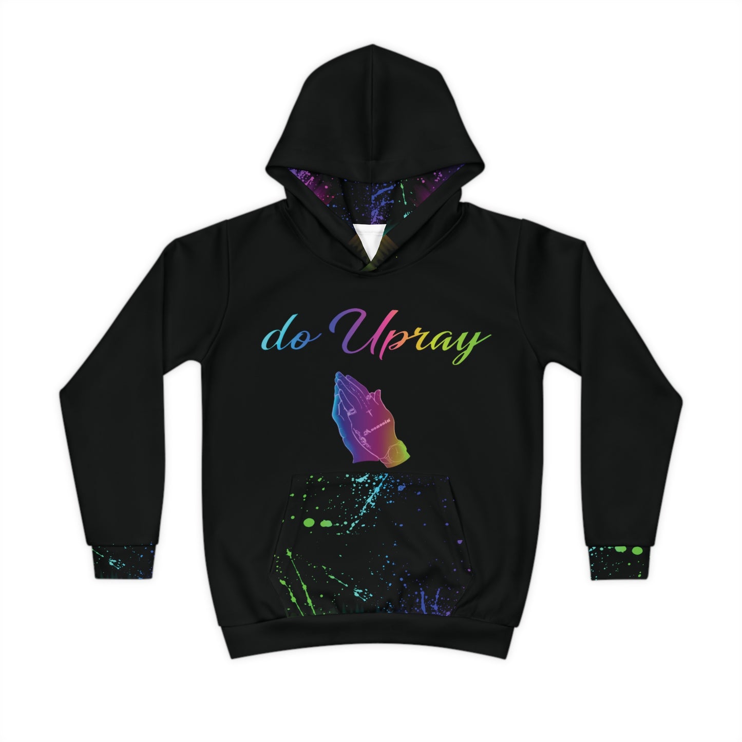 DoUPray Rainbow Children's Hoodie – Vibrant all-over rainbow print hoodie made from recycled materials.