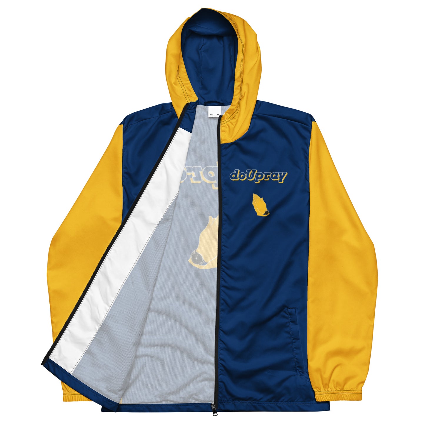 Man wearing Do U Pray men’s windbreaker jacket with printed faith slogan and hood