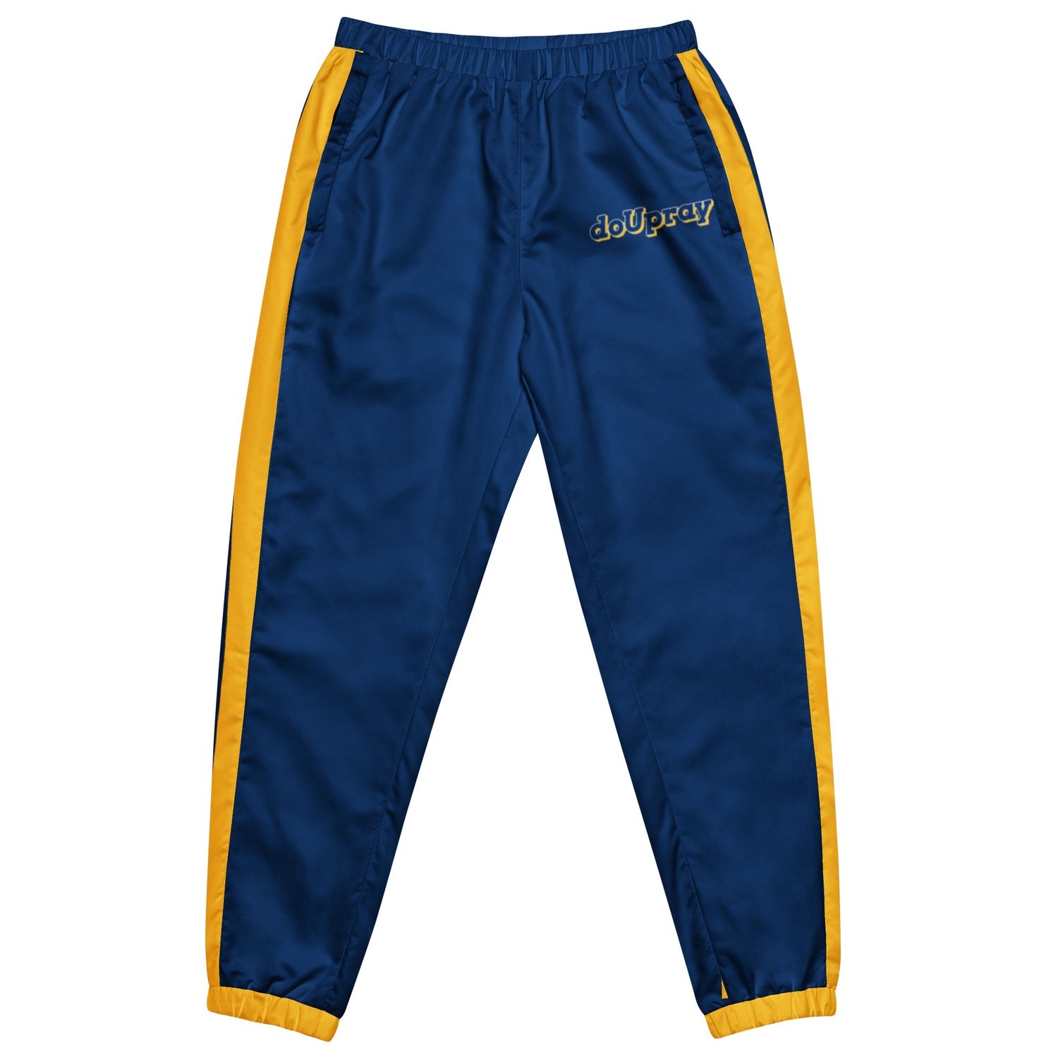 Unisex wearing Do U Pray track pants in black with subtle side branding