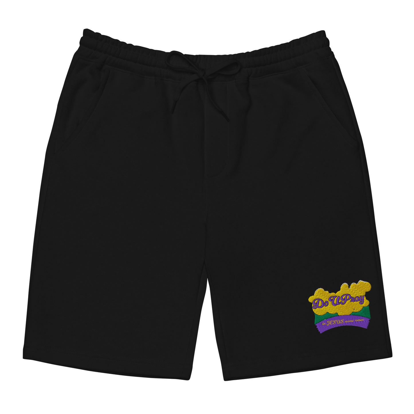 Male model wearing Do U Pray fleece shorts with bold leg print and relaxed streetwear fit