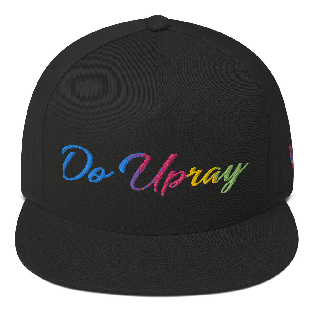Rainbow Flat Bill Cap – High-profile five-panel cotton twill hat with green undervisor and snapback closure.