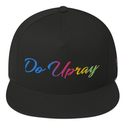 Rainbow Flat Bill Cap – High-profile five-panel cotton twill hat with green undervisor and snapback closure.