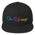 Rainbow Flat Bill Cap – High-profile five-panel cotton twill hat with green undervisor and snapback closure.