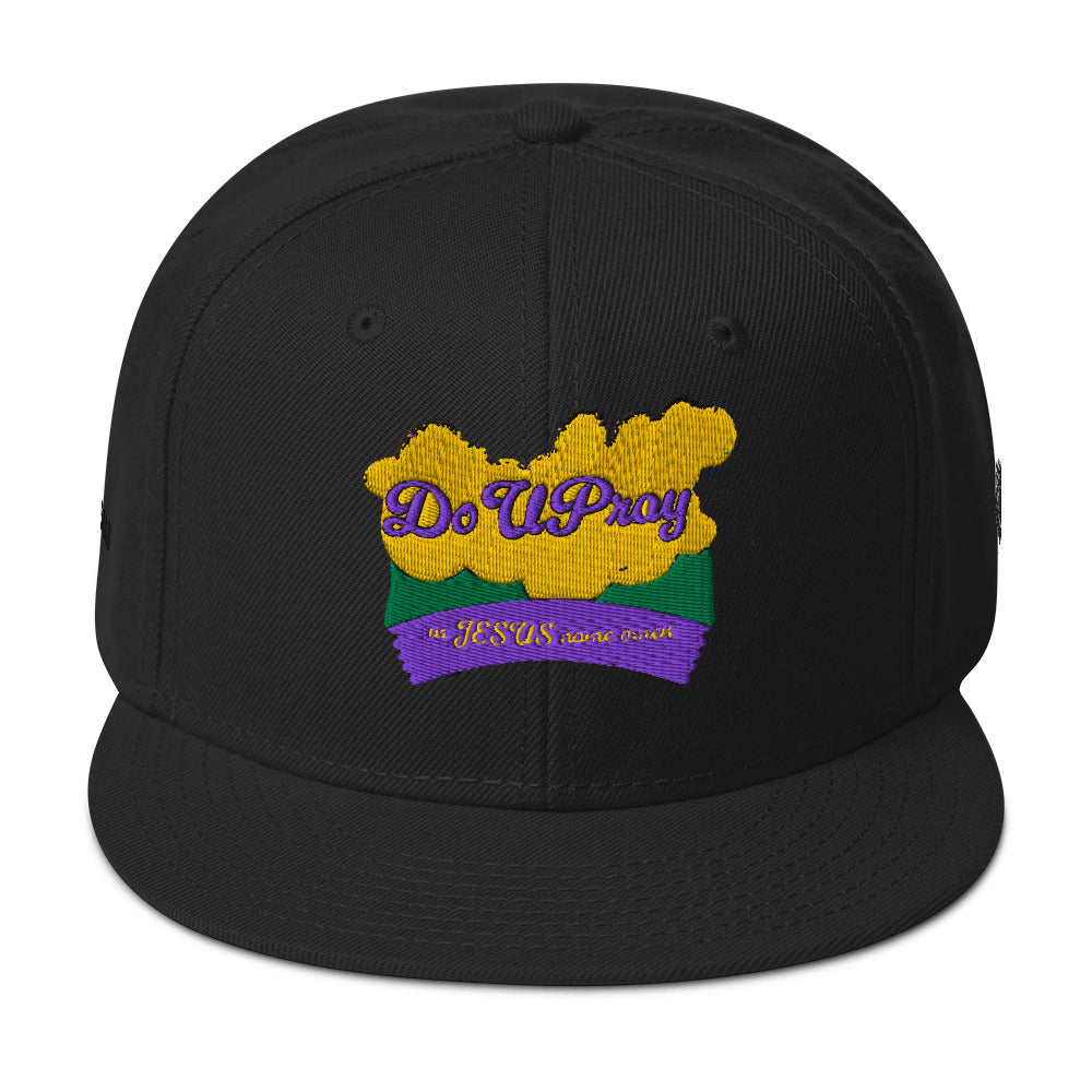 Black Do U Pray snapback hat with flat brim and embroidered front logo
