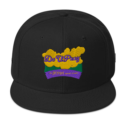 Black Do U Pray snapback hat with flat brim and embroidered front logo
