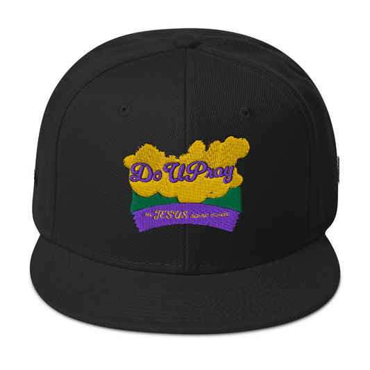 Black Do U Pray snapback hat with flat brim and embroidered front logo
