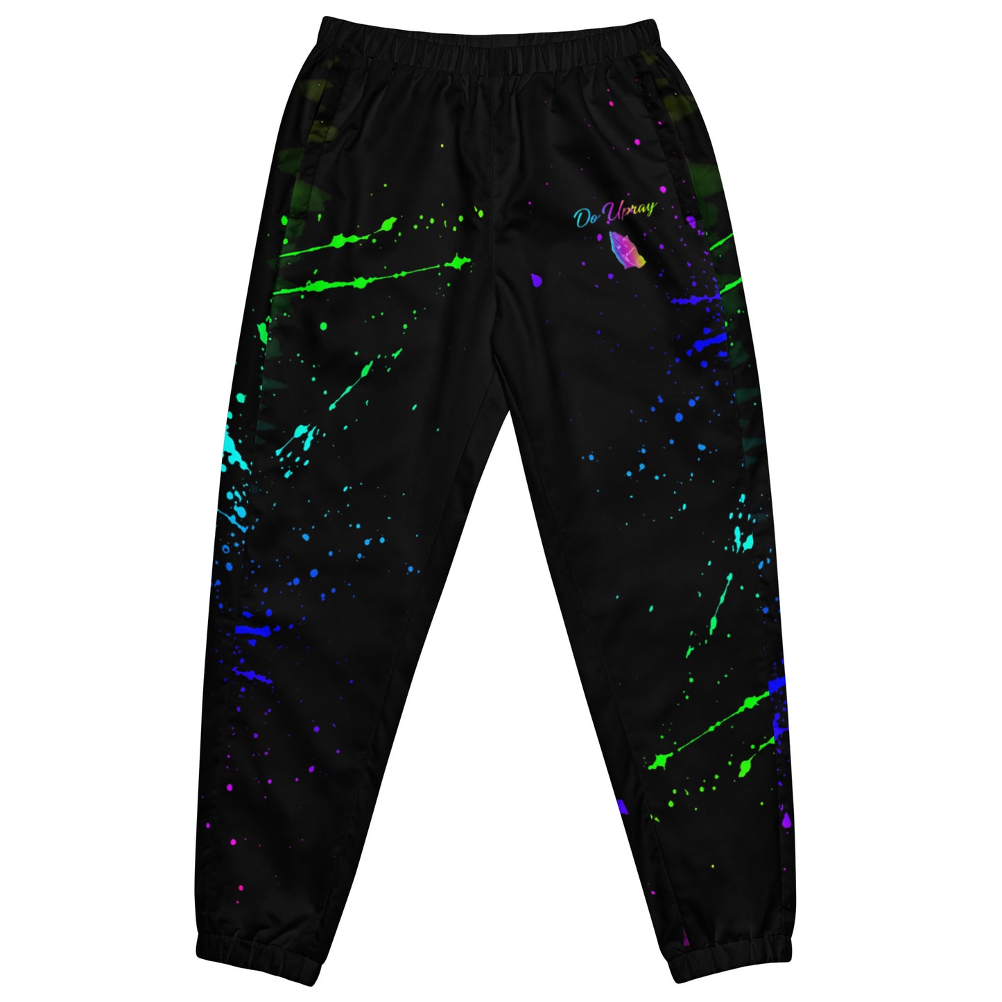 Model wearing Do U Pray unisex track pants with bold leg print and athletic silhouette