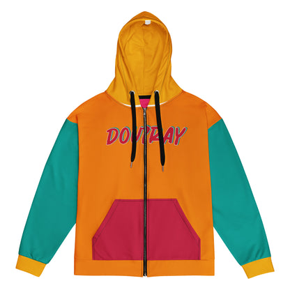 Model wearing Do U Pray unisex zip hoodie with full zipper and faith print