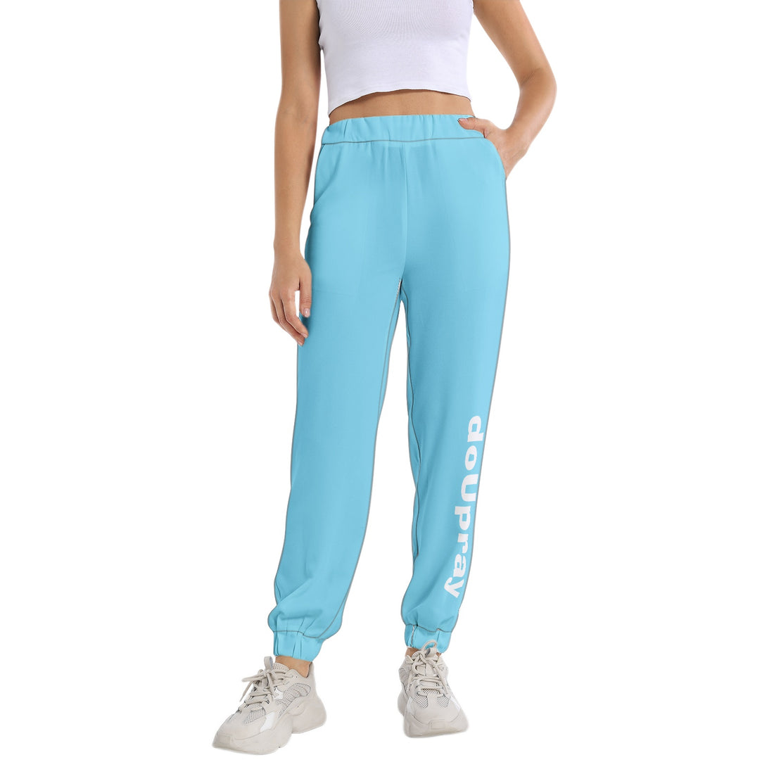 DoUPray Elastic Waist Tapered Sweatpants – Sleek, faith-inspired joggers featuring a modern tapered fit and deep pockets, part of the Believe Church Collection.